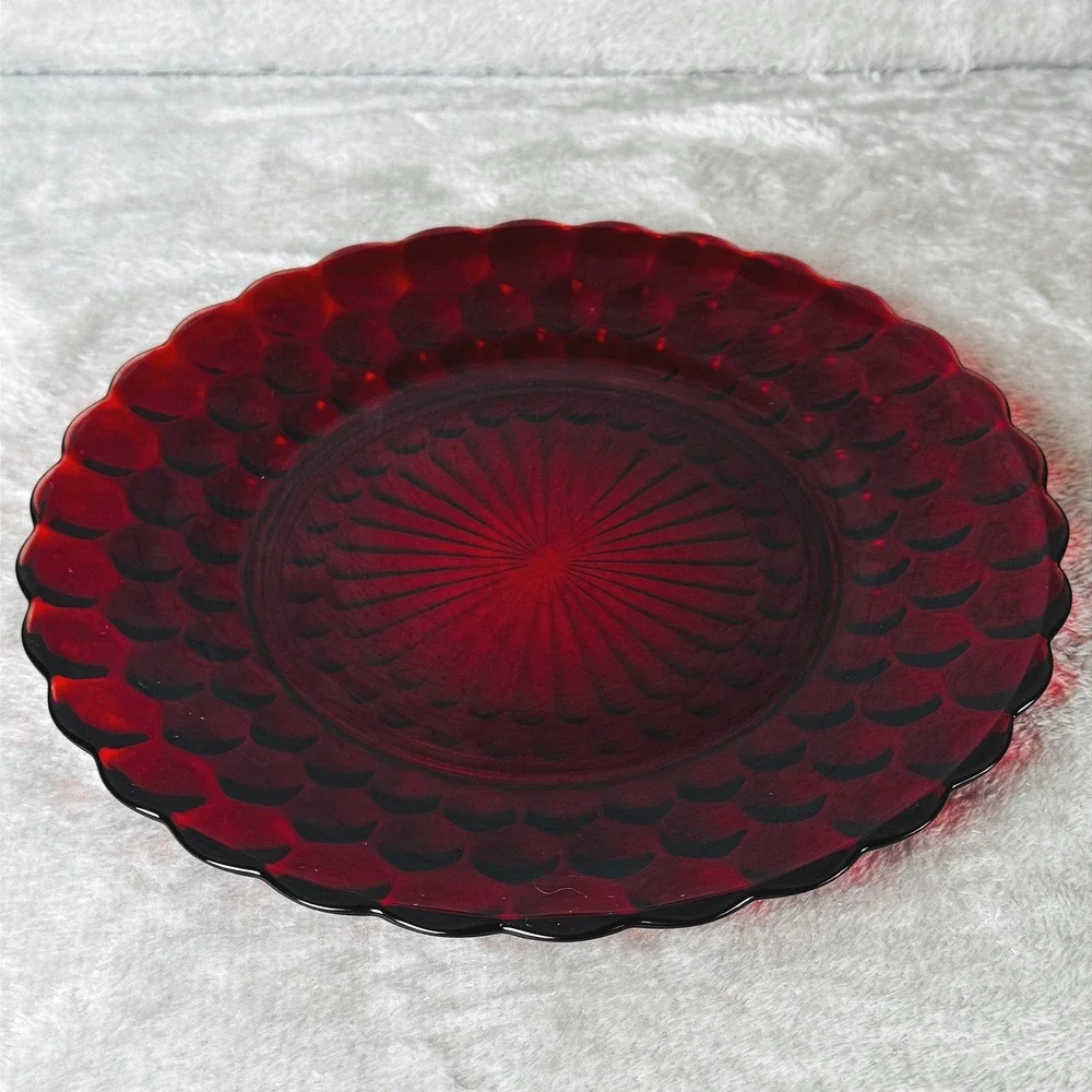 Anchor Hocking Ruby Red Glass Serving Bowl Plate Set Bubble Scalloped Vintage